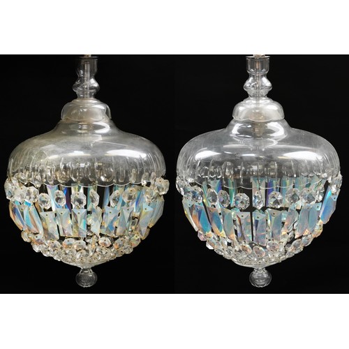 649 - Pair of early 20th century iridescent glass bag chandeliers, 52cm high x 30cm in diameter