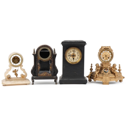 2697 - Three 19th century mantle clocks and an ornate case, the clocks comprising a gilt metal example surm... 