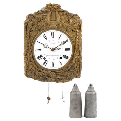 2696 - 19th century French wall clock having brass face embossed with a lyre and flowers, the circular enam... 