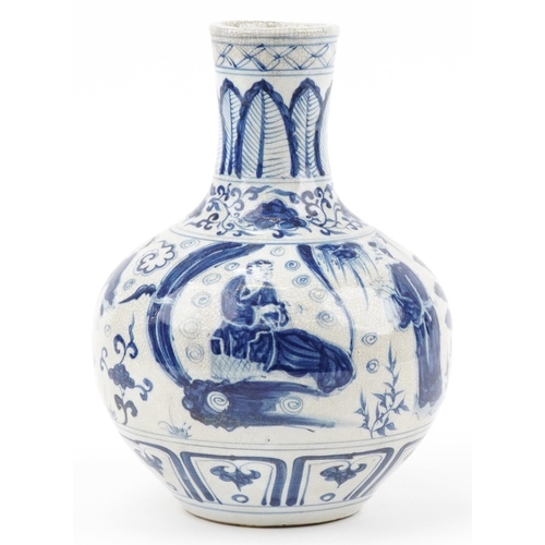 703 - Chinese blue and white porcelain crackle glaze vase hand painted with an emperor and scholars in a l... 