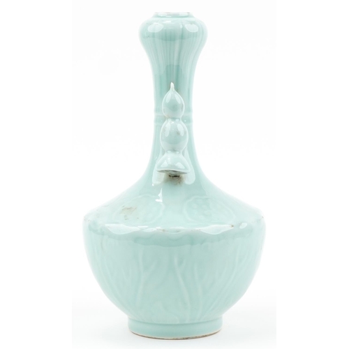 499 - Chinese porcelain garlic head vase with handles having a celadon glaze, six figure character marks t... 