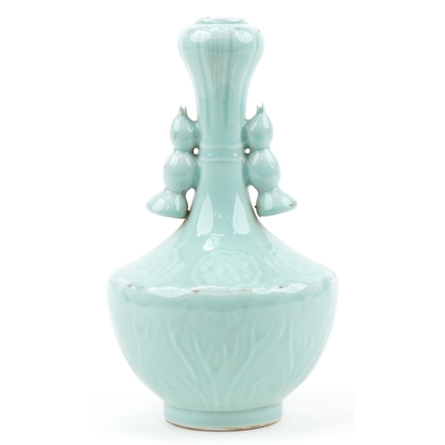 499 - Chinese porcelain garlic head vase with handles having a celadon glaze, six figure character marks t... 