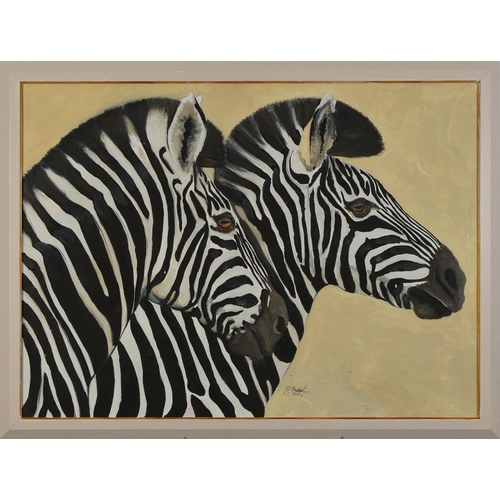 393 - Clive Fredriksson - Study of two zebras, oil, framed and glazed, 79cm x 58cm excluding the frame