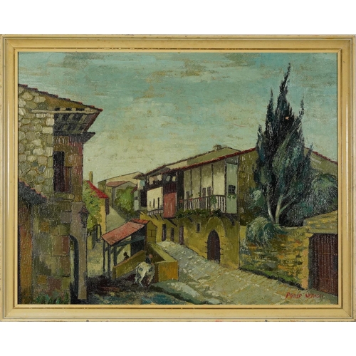 235 - Manner of Philip Naviasky - Continental street scene with figures, oil on board, mounted and framed,... 