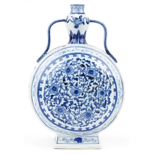 201 - Large Chinese blue and white porcelain moon flask with twin ruyi handles hand painted with flowers a... 