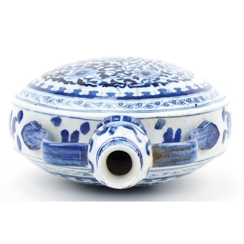 201 - Large Chinese blue and white porcelain moon flask with twin ruyi handles hand painted with flowers a... 