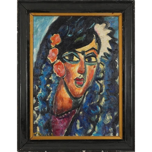 521 - Head and shoulders portrait of a female with flowers, oil on board, mounted and framed, 47cm x 33.5c... 