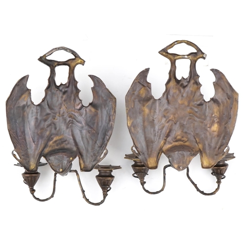 433 - Pair of Art Nouveau style patinated bronze bat design wall sconces, 35cm high