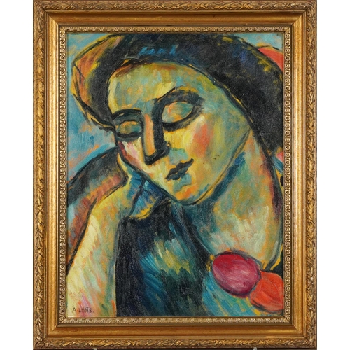 373 - Manner of Andre Lhote - Portrait of a female, French school oil on board, mounted and framed, 45cm x... 