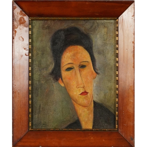 571 - Manner of Amedeo Modigliani - Head and shoulders portrait, oil on board, mounted, framed and glazed,... 