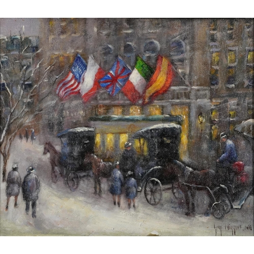 125 - Snowy New York street scene with horse and cart, oil on board, mounted and framed, 36cm x 31cm exclu... 