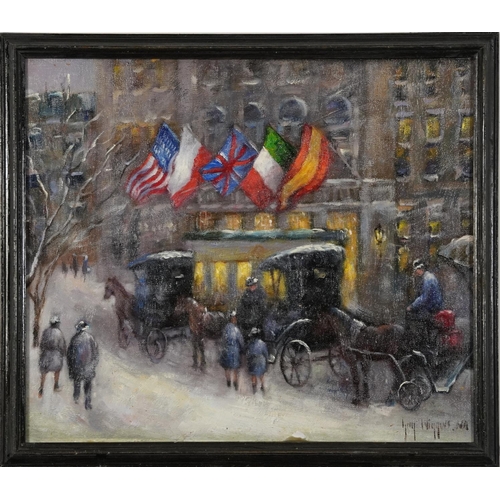 125 - Snowy New York street scene with horse and cart, oil on board, mounted and framed, 36cm x 31cm exclu... 