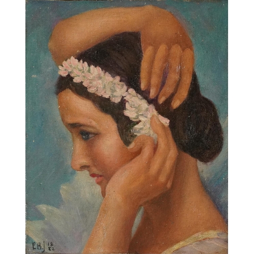 190 - Young female with flowers, oil on board, framed, 23.5cm x 19cm excluding the frame