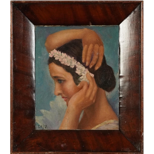 190 - Young female with flowers, oil on board, framed, 23.5cm x 19cm excluding the frame