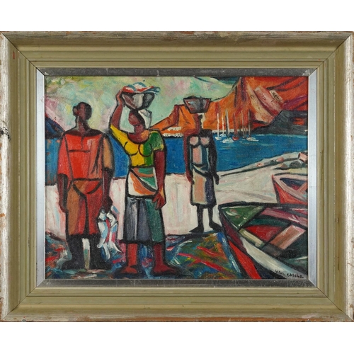 312 - Three figures before a landscape, African school oil on board, mounted and framed, 34cm x 26cm exclu... 