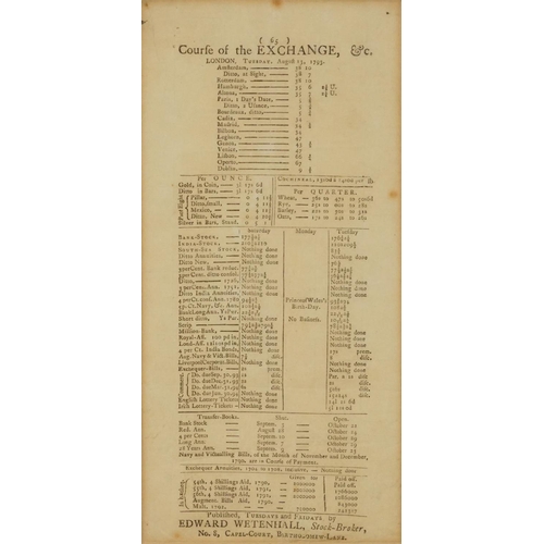 1862 - Late 18th century Course of the Exchange London Stock Broadsheet published by Edward Wetenhall, Stoc... 