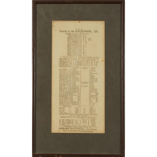 1862 - Late 18th century Course of the Exchange London Stock Broadsheet published by Edward Wetenhall, Stoc... 