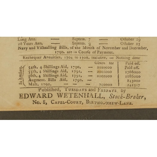 1862 - Late 18th century Course of the Exchange London Stock Broadsheet published by Edward Wetenhall, Stoc... 