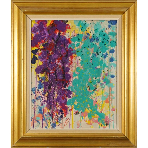 691 - Abstract composition, paint splatters, oil on canvas, mounted and framed, 47cm x 37cm excluding the ... 