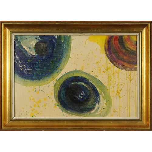 569 - Abstract composition, circles, oil on board, mounted and framed, 46cm x 30cm excluding the mount and... 