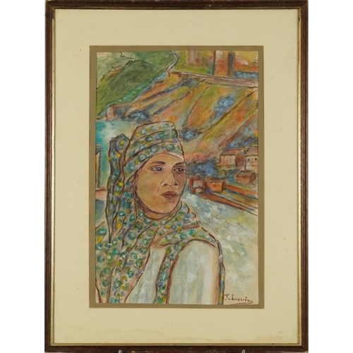 250 - Study of a boy wearing a headscarf, Eastern mixed media, inscribed verso, mounted, framed and glazed... 