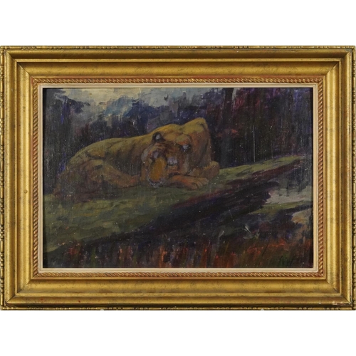 542 - Recumbent tiger on a rock, oil on board, mounted and framed, 38cm x 25cm excluding the mount and fra... 