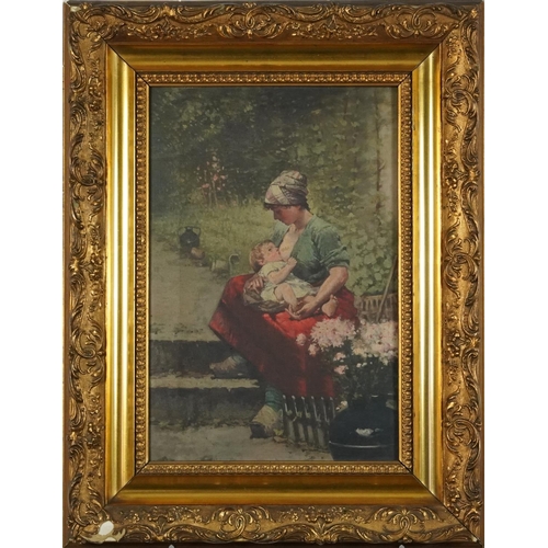 523 - Seated mother and child beside flowers, Dutch oil on canvas, housed in an ornate gilt frame, 37cm x ... 