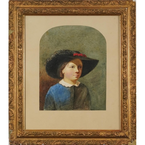 272 - Head and shoulders portrait of a female wearing a hat, antique watercolour, mounted, framed and glaz... 