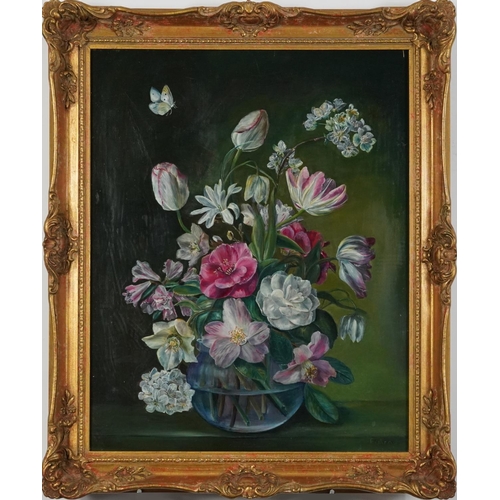 371 - Fisher - Still life flowers in a vase, oil on canvas, mounted and framed, 49cm x 39cm excluding the ... 