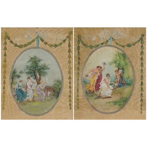 81 - Females wearing Grecian robes, pair of antique mixed medias on watered silk with bows and swags, mou... 