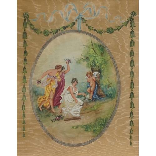 81 - Females wearing Grecian robes, pair of antique mixed medias on watered silk with bows and swags, mou... 