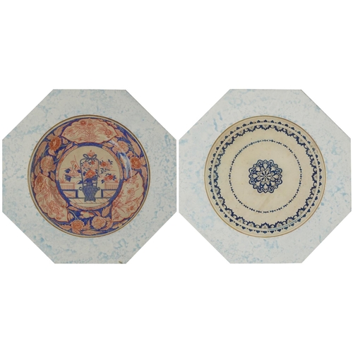 95 - Pair of ink and watercolour circular plate designs housed in octagonal frames, each with Stephanie H... 