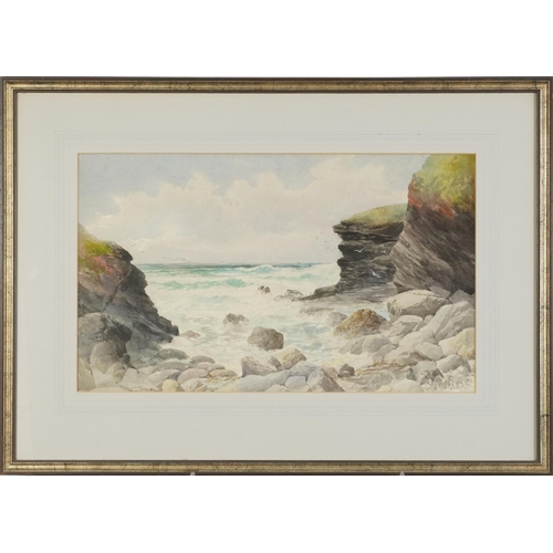 638 - John Clarkson Isaac Uren - Rocky seascape with seagulls, watercolour, mounted, framed and glazed, 50... 