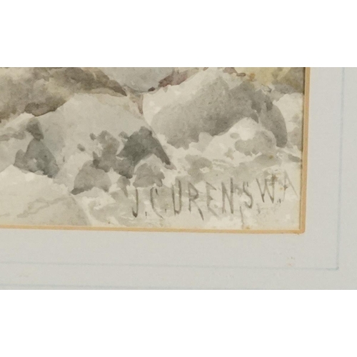 638 - John Clarkson Isaac Uren - Rocky seascape with seagulls, watercolour, mounted, framed and glazed, 50... 