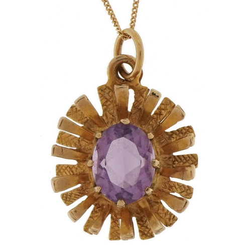 2279 - Modernist 9ct gold amethyst pendant on 9ct gold curb link necklace, 2.5cm high, total 3.7g