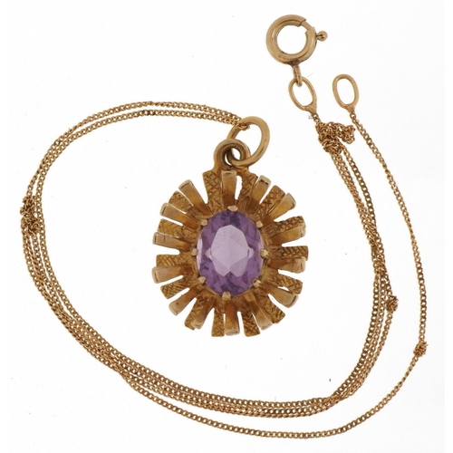 2279 - Modernist 9ct gold amethyst pendant on 9ct gold curb link necklace, 2.5cm high, total 3.7g