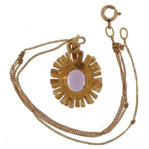 2279 - Modernist 9ct gold amethyst pendant on 9ct gold curb link necklace, 2.5cm high, total 3.7g