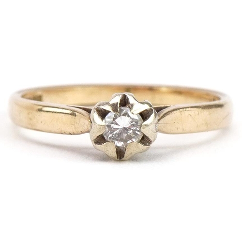 2257 - 9ct gold diamond solitaire ring, the band stamped 0.13 carat, size L, 1.8g