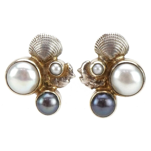 2275 - Pair of Modernist silver and yellow metal pearl cluster stud earrings, 2.0cm high, 8.9g