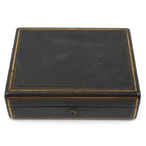 635 - Victorian tooled leather travelling writing box with brass lock impressed S Mordan & Co London, 10cm... 