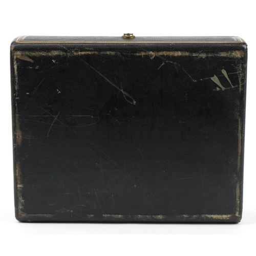 635 - Victorian tooled leather travelling writing box with brass lock impressed S Mordan & Co London, 10cm... 