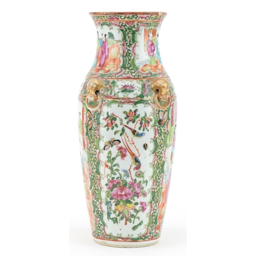 99 - Chinese Canton porcelain vase with animalia ring turned handles hand painted with figures, birds and... 