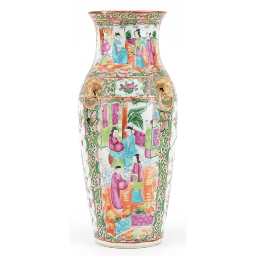 99 - Chinese Canton porcelain vase with animalia ring turned handles hand painted with figures, birds and... 