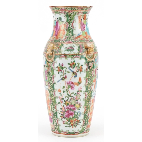 99 - Chinese Canton porcelain vase with animalia ring turned handles hand painted with figures, birds and... 