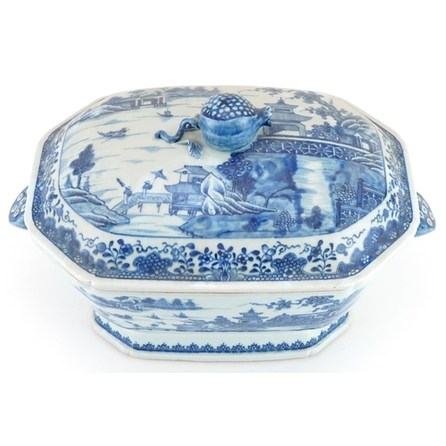 151 - Chinese export blue and white porcelain tureen with twin handles and cover hand painted with a conti... 