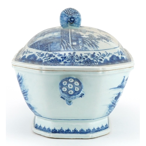 151 - Chinese export blue and white porcelain tureen with twin handles and cover hand painted with a conti... 