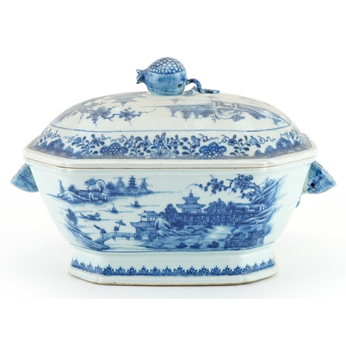 151 - Chinese export blue and white porcelain tureen with twin handles and cover hand painted with a conti... 