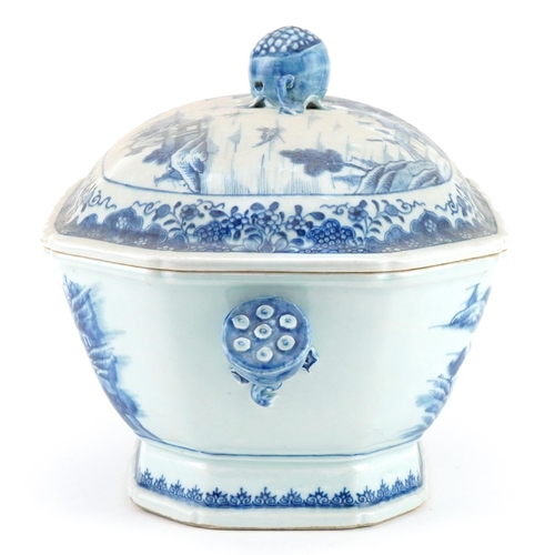 151 - Chinese export blue and white porcelain tureen with twin handles and cover hand painted with a conti... 