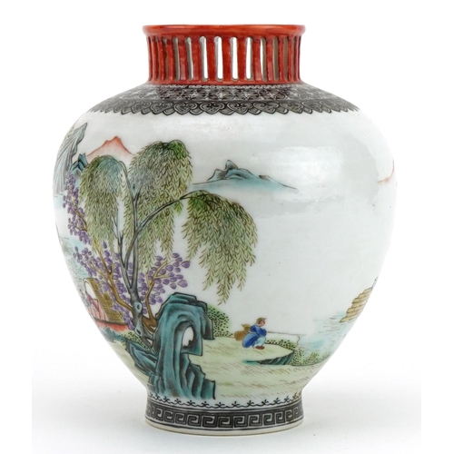 453 - Chinese porcelain vase with pierced iron rim hand painted in the famille rose palette with figures i... 