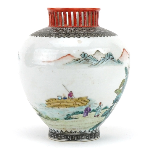 453 - Chinese porcelain vase with pierced iron rim hand painted in the famille rose palette with figures i... 